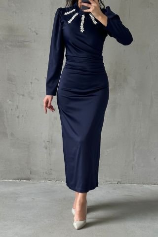 Dazzling Hijab Evening Dress with Flowing Fabric Navy Blue