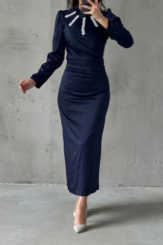 Dazzling Hijab Evening Dress with Flowing Fabric Navy Blue