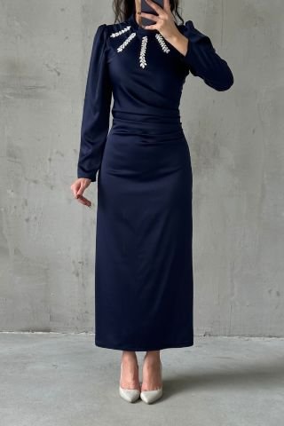 Dazzling Hijab Evening Dress with Flowing Fabric Navy Blue