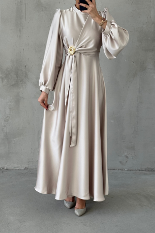 Eliz Satin Hijab Evening Dress with Stones