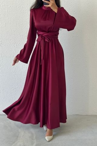 Fluid Elegance: Flounce Sleeve Satin Hijab Evening Dress Plum
