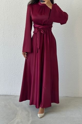 Fluid Elegance: Flounce Sleeve Satin Hijab Evening Dress Plum