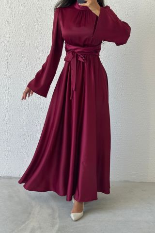 Fluid Elegance: Flounce Sleeve Satin Hijab Evening Dress Plum