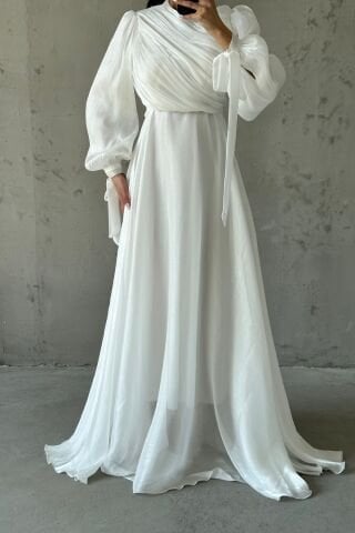 Draped Belt Detailed Janjan Fabric Hijab Evening Dress Ecru