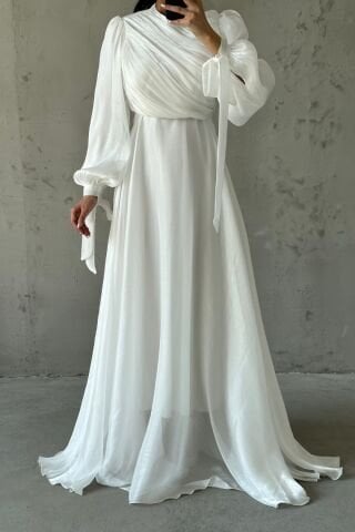 Drapeli Kuşak Detaylı Janjan Kumaş Tesettür Abiye Ekru