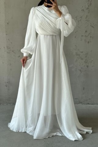 Drapeli Kuşak Detaylı Janjan Kumaş Tesettür Abiye Ekru