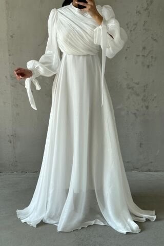 Drapeli Kuşak Detaylı Janjan Kumaş Tesettür Abiye Ekru