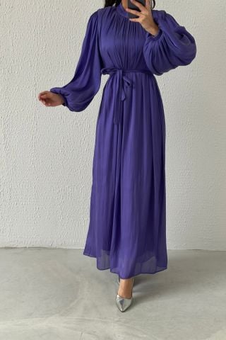 Balon Kol Basic Organze Tesettür Abiye Mor
