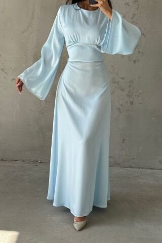 Kolları ve Beli İnci Taş Detaylı  Volan Kol Saten Tesettür Abiye Bebe Mavisi