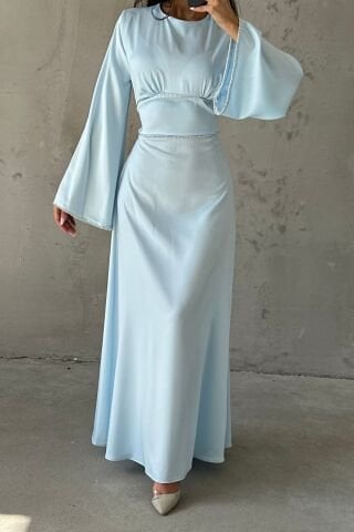 Kolları ve Beli İnci Taş Detaylı  Volan Kol Saten Tesettür Abiye Bebe Mavisi