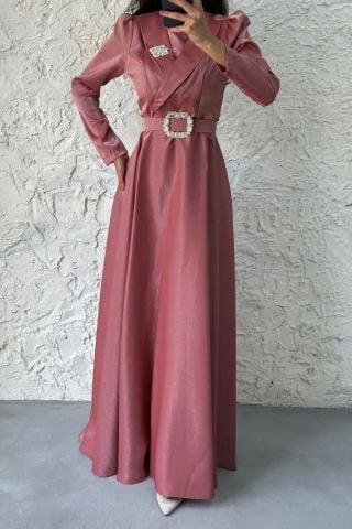 Belt and Stone Detailed Satin Hijab Evening Dress Pink