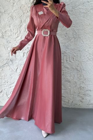 Belt and Stone Detailed Satin Hijab Evening Dress Pink