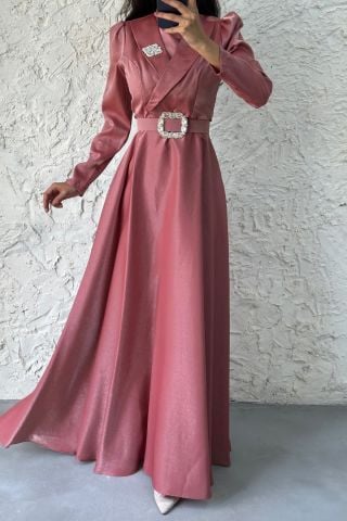 Belt and Stone Detailed Satin Hijab Evening Dress Pink