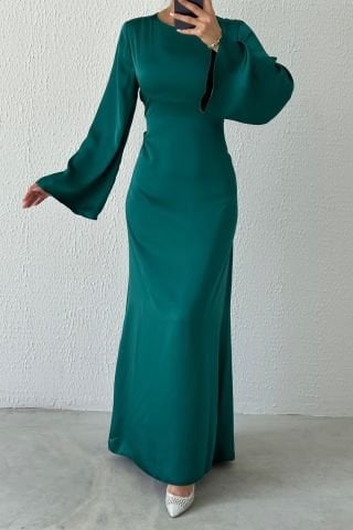 Basic Satin Hijab Evening Dress with Back Tie Detail, Emerald