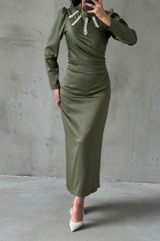 Dazzling Khaki Hijab Evening Dress with Flowing Fabric