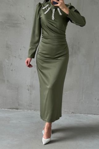 Dazzling Khaki Hijab Evening Dress with Flowing Fabric