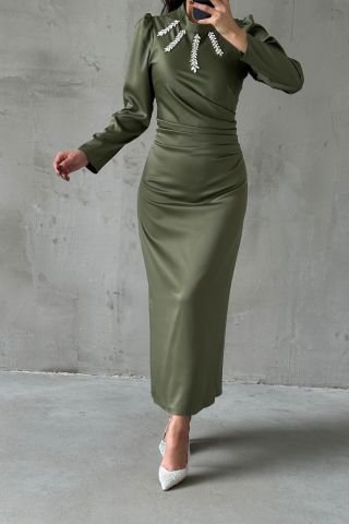 Dazzling Khaki Hijab Evening Dress with Flowing Fabric