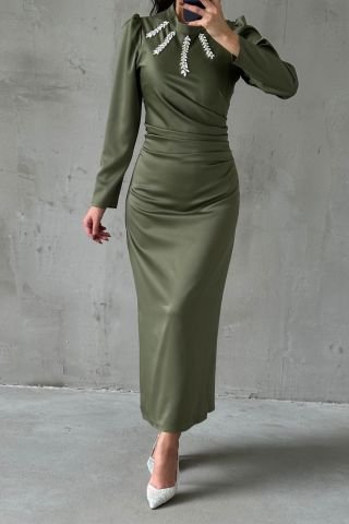 Dazzling Khaki Hijab Evening Dress with Flowing Fabric