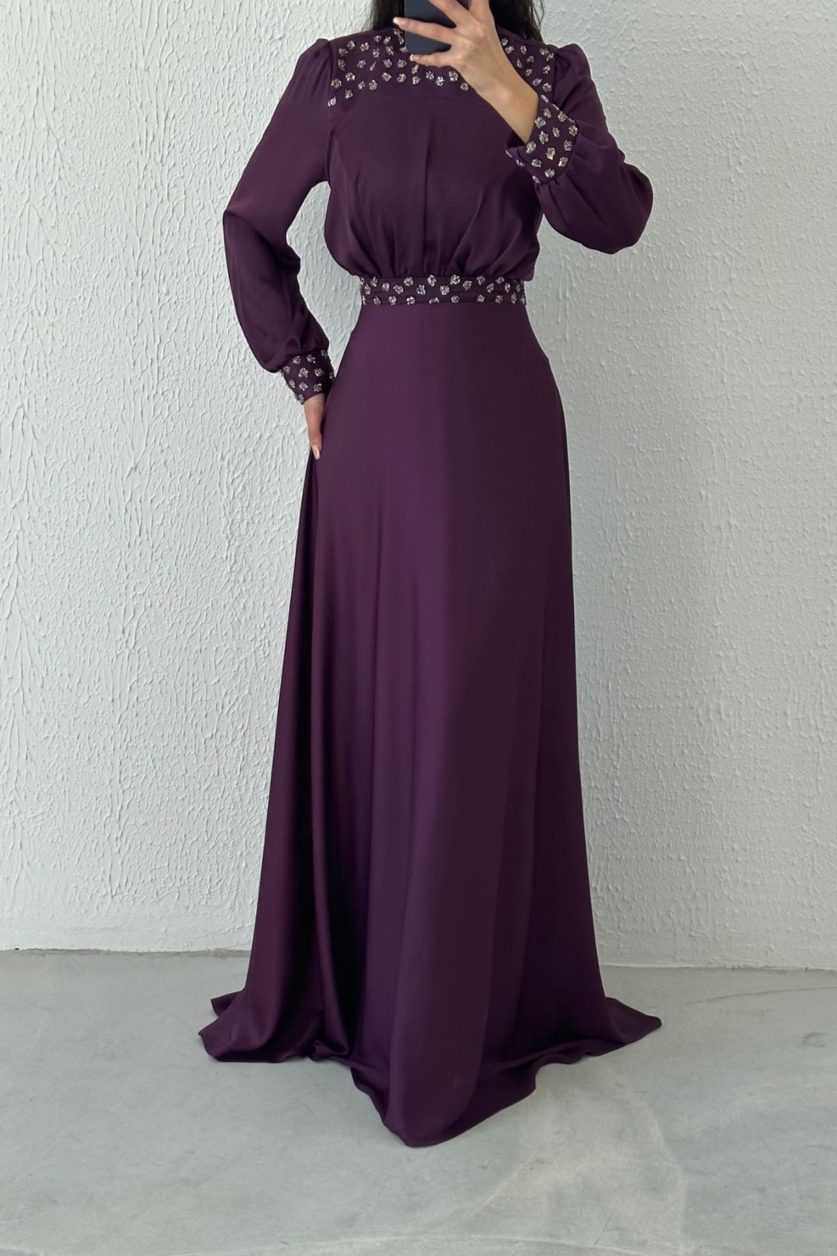 Satin Hijab Evening Dress Purple with Stone Detail at Waist and Sleeve End