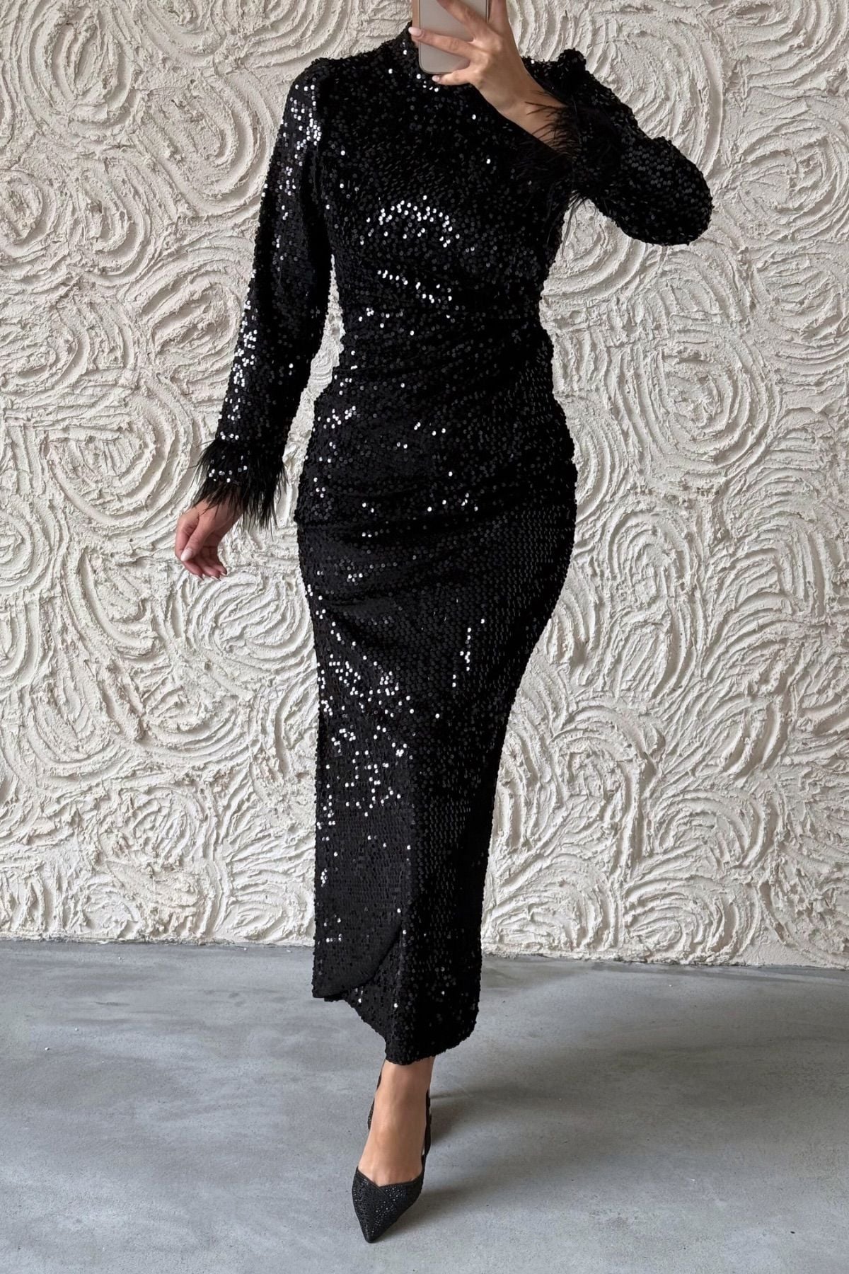 The Peak of Elegance Feathered Sequin Fish Hijab Evening Dress Black