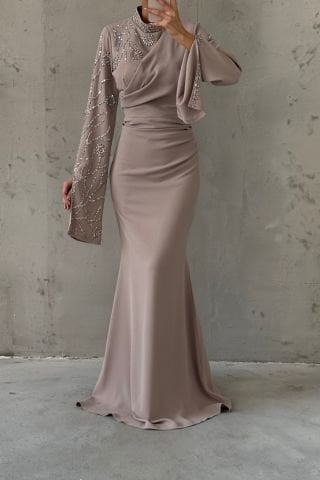 Koldan Detaylı Ve Taşlı Krep Tesettür Abiye Taş