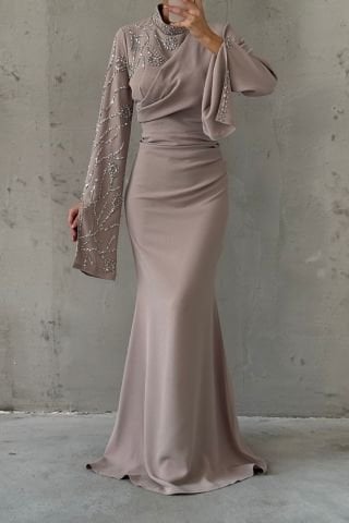 Koldan Detaylı Ve Taşlı Krep Tesettür Abiye Taş