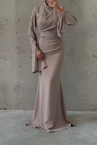 Koldan Detaylı Ve Taşlı Krep Tesettür Abiye Taş