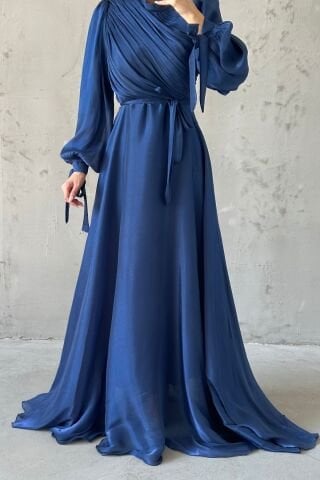Draped Belt Detailed Janjan Fabric Hijab Evening Dress Navy Blue