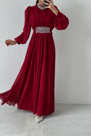 Modern Tasarım Taş Detaylı Şifon Tesettür Abiye Bordo
