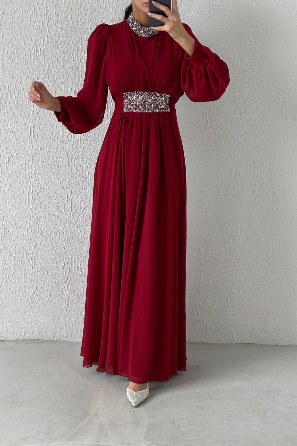 Modern Design Stone Detailed Chiffon Hijab Evening Dress Claret Red