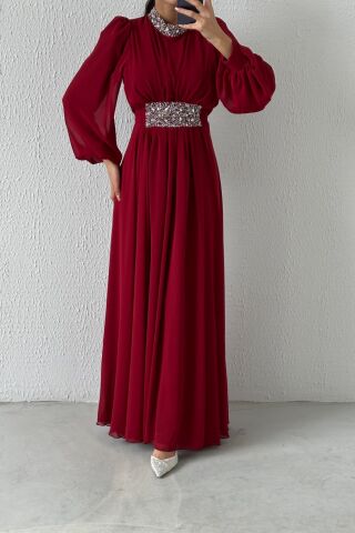 Modern Tasarım Taş Detaylı Şifon Tesettür Abiye Bordo