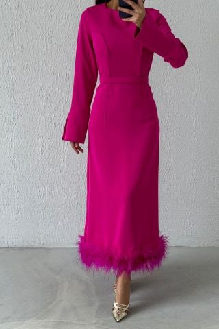 Etek Ucu Tüy Detaylı Krep Tesettür Abiye Fuşya