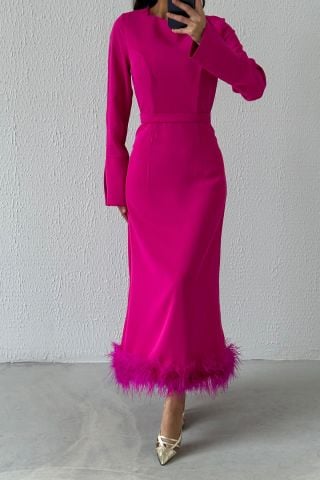 Etek Ucu Tüy Detaylı Krep Tesettür Abiye Fuşya