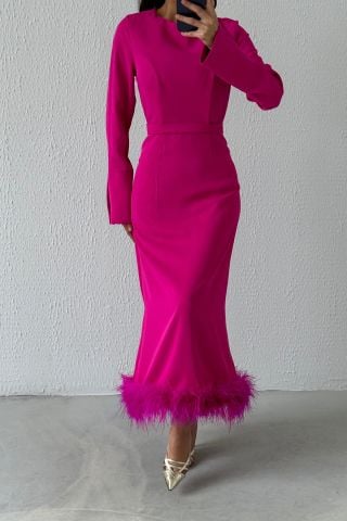 Etek Ucu Tüy Detaylı Krep Tesettür Abiye Fuşya