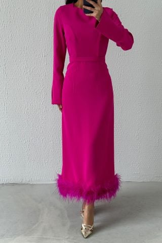Etek Ucu Tüy Detaylı Krep Tesettür Abiye Fuşya