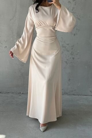 Flounce Sleeve Satin Hijab Evening Dress with Pearl Stone Detail on Sleeves and Waist