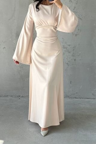 Flounce Sleeve Satin Hijab Evening Dress with Pearl Stone Detail on Sleeves and Waist