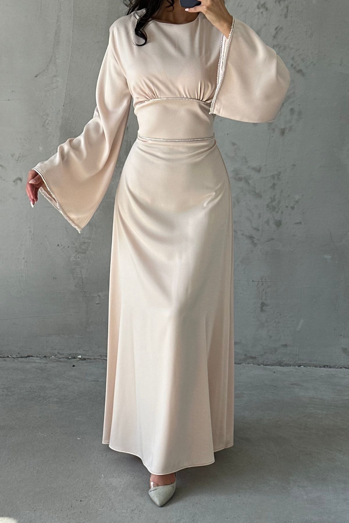 Flounce Sleeve Satin Hijab Evening Dress with Pearl Stone Detail on Sleeves and Waist