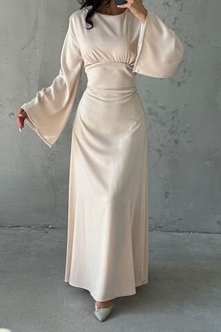 Flounce Sleeve Satin Hijab Evening Dress with Pearl Stone Detail on Sleeves and Waist