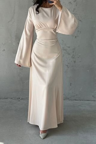 Flounce Sleeve Satin Hijab Evening Dress with Pearl Stone Detail on Sleeves and Waist