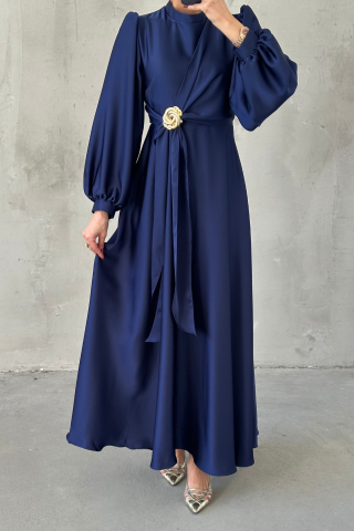 Eliz Satin Hijab Evening Dress Navy Blue