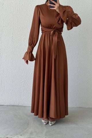 Flounce Sleeve Detailed Satin Hijab Evening Dress Copper