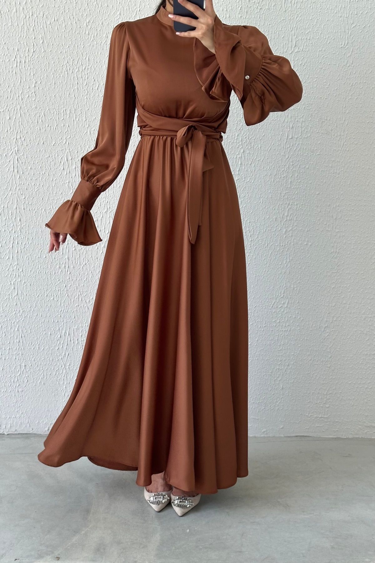 Flounce Sleeve Detailed Satin Hijab Evening Dress Copper