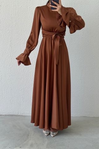 Flounce Sleeve Detailed Satin Hijab Evening Dress Copper