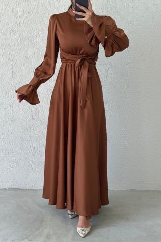 Flounce Sleeve Detailed Satin Hijab Evening Dress Copper