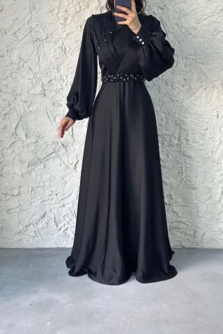Stone Detailed Satin Hijab Evening Dress Black