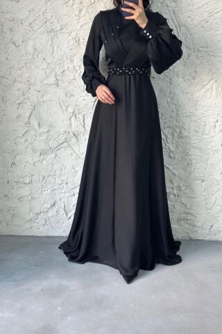 Stone Detailed Satin Hijab Evening Dress Black