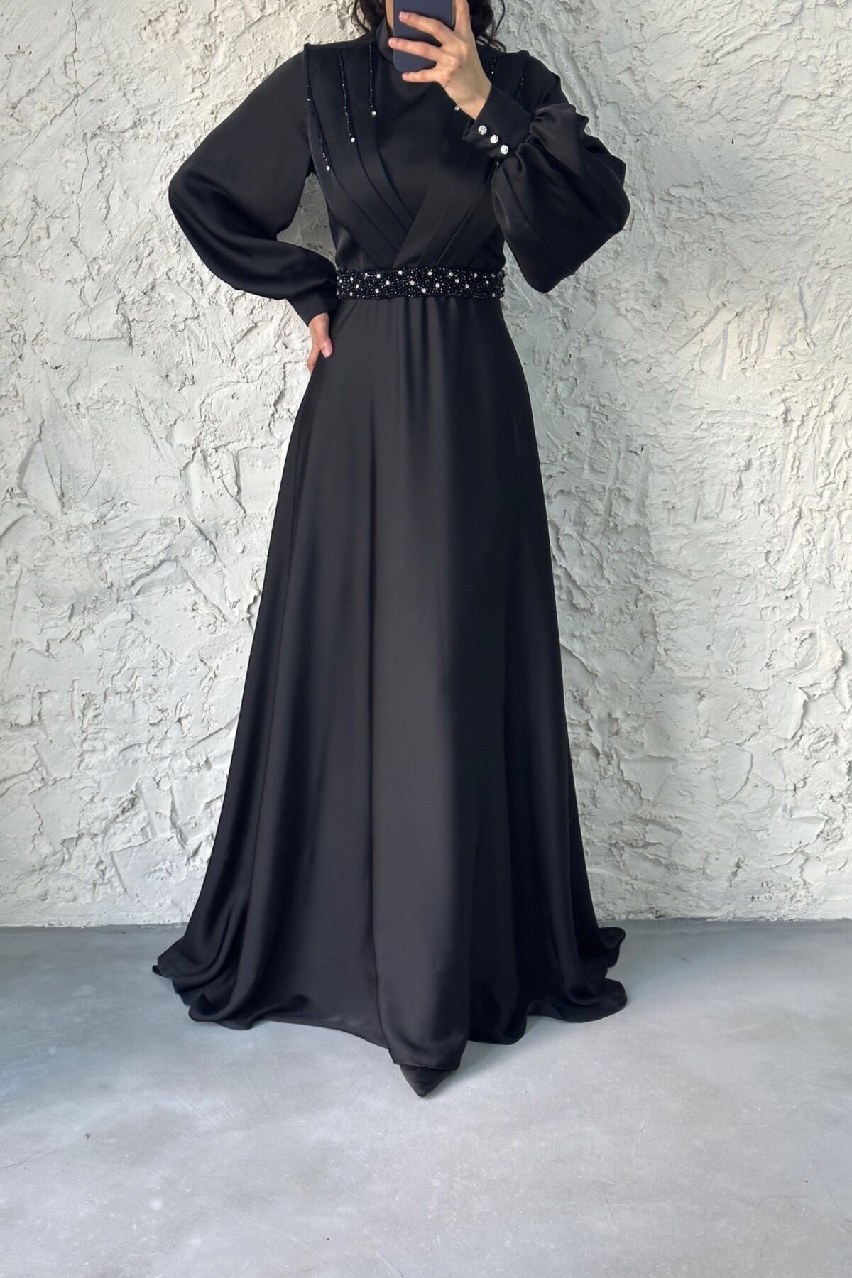 Stone Detailed Satin Hijab Evening Dress Black