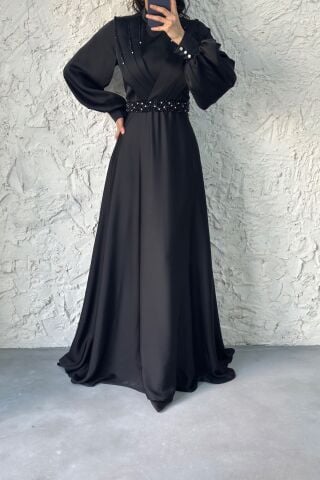 Stone Detailed Satin Hijab Evening Dress Black