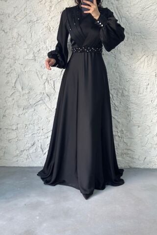 Stone Detailed Satin Hijab Evening Dress Black
